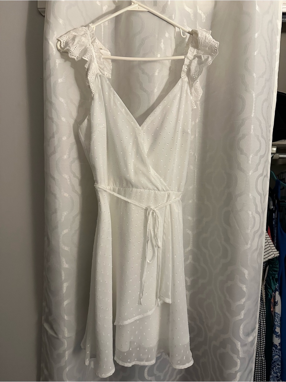 Francesca's Collections White Swiss-Dot Wrap Mini Dress with Ruffle Straps